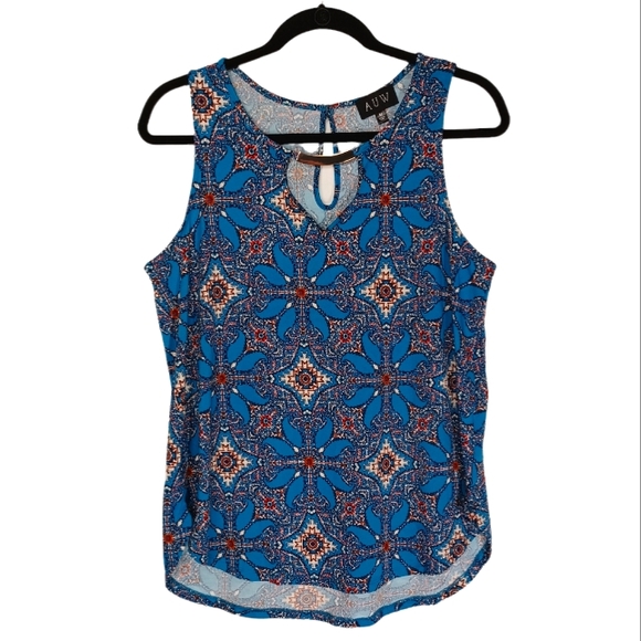 AUW Tops - AUW Blue Red White Geometric Floral Print Sleeveless Keyhole Bar Top Medium